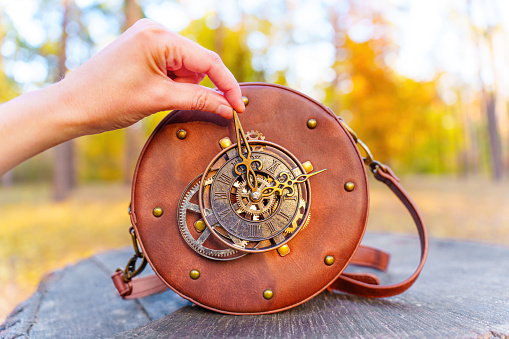 Hand delicately moves the clock hands on a stylish circle bag, adorned with gears as decoration, resting on a tree stump in the enchanting woodland setting. Personal control over time and fashion.