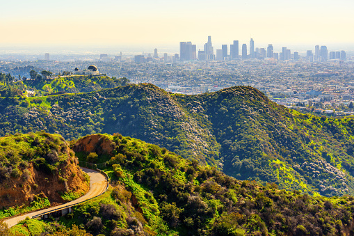 Iconic Griffith Observatory nestled in the heart of the Hollywood Hills, offering stunning views of Los Angeles in the background.