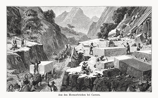 From the marble quarries near Carrara, Italy. Nostalgic scene from the past. Wood engraving, published in 1894.