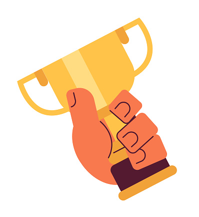 Holding golden cup award semi flat colour vector hand. Prize. Trophy for championship. Editable cartoon clip art icon on white background. Simple spot illustration for web graphic design