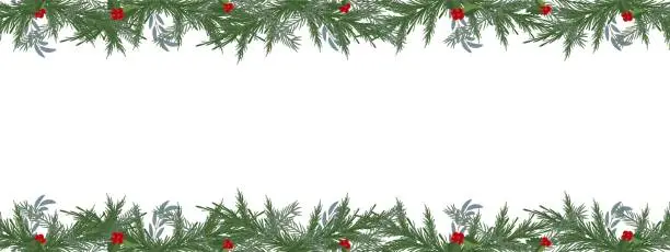 Vector illustration of Christmas Border of Branches with Christmas flowers. Vector Graphics