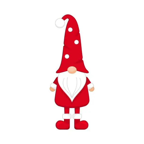 Vector illustration of Christmas gnome in spotted cap with funny boots