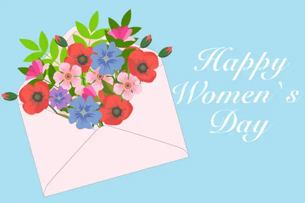 Vector illustration of Happy Women`s Day. Bouquet of spring flowers in an envelope. Spring holiday design template