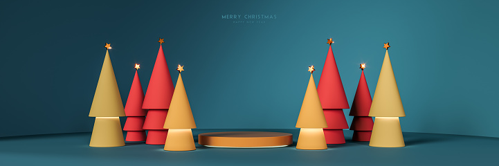 Modern colorful Christmas greeting card with empty podium or stage for product showing or presentation. Contemporary Christmas banner design. 3D Rendering, 3D Illustration