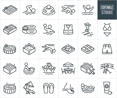 A set swimming pools, hot tubs and swimming icons that include editable strokes or outlines using the EPS vector file. The icons include a swimming pool, above the ground swimming pool, hot tub, above the ground hot tub, person swimming, person relaxing in hot tub, child swimming in pool underwater, child playing in pool, person playing water polo in swimming pool, life jacket, bikini, mens swimming suit, hot tub and pool together, child snorkeling under water, person floating on pool float in swimming pool, children playing with beach ball in swimming pool, back patio table, hot tub repair, person cleaning a swimming pool, person relaxing next to the pool, flip flops, dipping feet in pool and sunscreen.