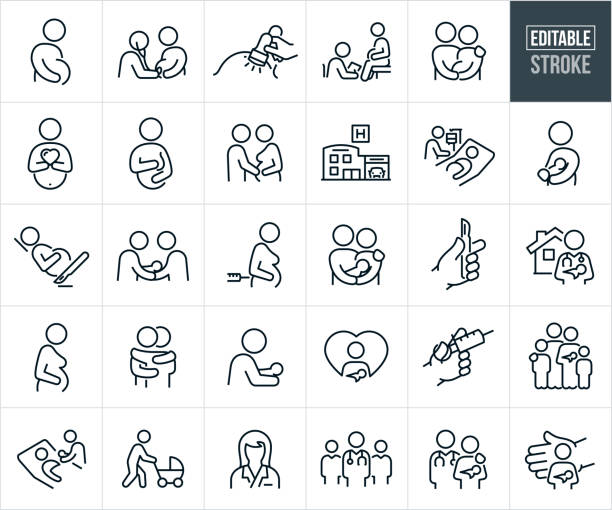 ilustrações de stock, clip art, desenhos animados e ícones de pregnancy and childbirth thin line icons - editable stroke - cesarean