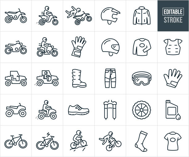 ilustrații de stoc cu motociclete, biciclete de murdărie, atv, utv, biciclete montane, biciclete electrice și angrenaje cu linii subțiri - cursă editabilă - motocicletă