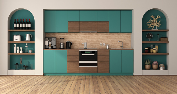 Modern green and wooden kitchen with two niches with household objects and hardwood floor - 3d rendering