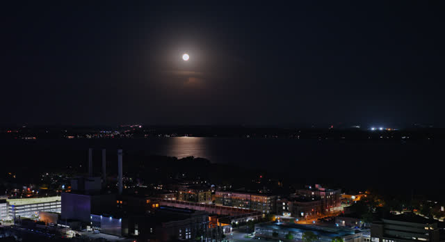 Lake Mendota in Madison, Wisconsin on Full Moon Night - Aerial Shot