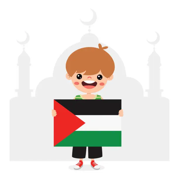 Vector illustration of Cartoon Child With Palestine Flag