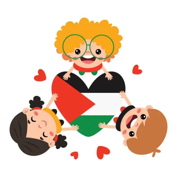 Vector illustration of Cartoon Children With Palestine Flag