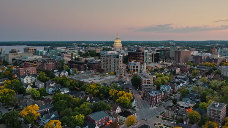 Drone View of Wisconsin State Capitol in Downtown Madison at Sunset