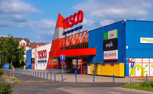 Warsaw, Poland - July 11, 2021: Tesco Kabaty hypermarket redeveloped later to residential project Rytm by Echo Investment in Ursynow district of Warsaw