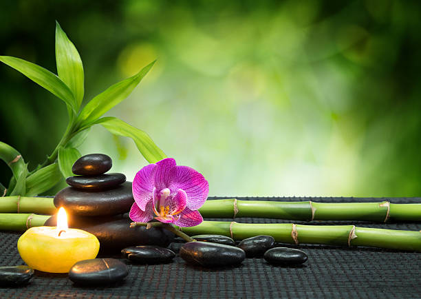 фиолетовые орхидеи и бамбука на столе - spa treatment health spa zen like bamboo стоковые фото и изображения