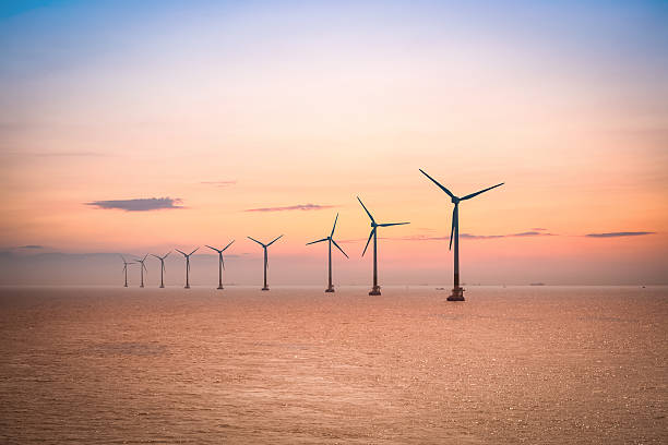 offshore wind farm at dusk offshore wind farm at dusk in the east China sea. offshore wind farm stock pictures, royalty-free photos & images