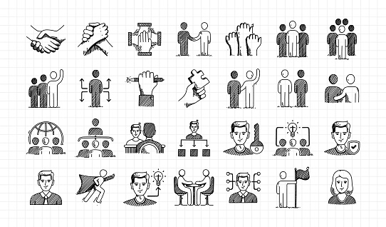 Collaboration Hand Drawn Vector Doodle Line Icon Set. Teamwork, Handshake, Agreement, Meeting, Team, Focus Group, Opportunities, Partnership, Organization.