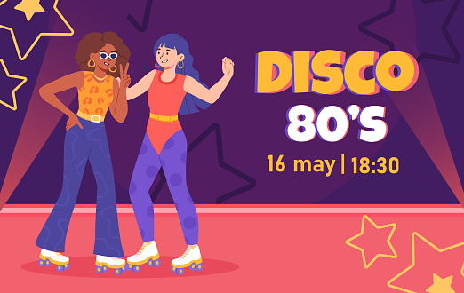 Disco party 80s poster. Invitation postcard. Two girls in old clothes at roller skates. Back to 1980s and 1990s. Graphic element for website. Event and holiday. Cartoon flat vector illustration
