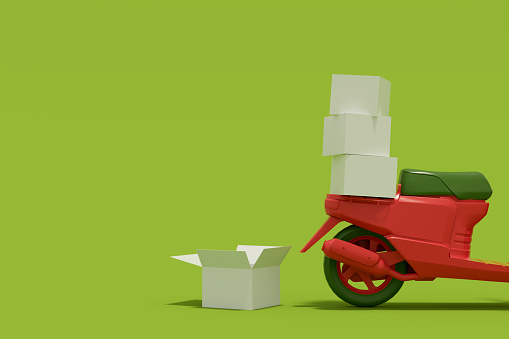 3d render, online shopping, delivery, scooter, motorcycle, supply chain, transportation, e-commerce.