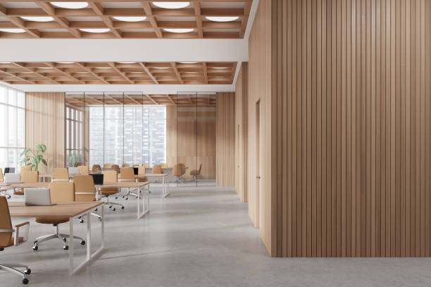 istock Wooden open space office and board room with blank wall 1804564259
