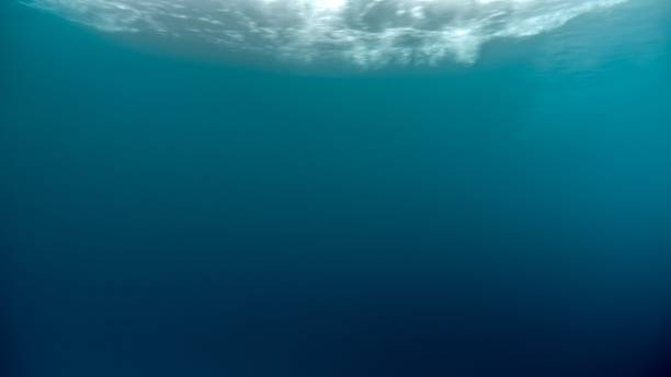 istock Underwater background of sun shining through water surface and sea waves going past 1804564851