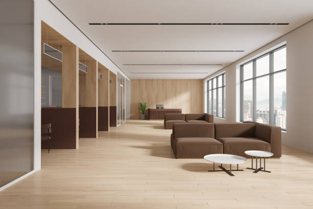 istock Cozy bank office interior with relax and consulting zone, panoramic window 1804567644