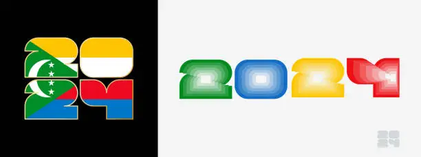 Vector illustration of Year 2024 with flag of Comoros and in color palate of Comoros flag. Happy New Year 2024 in two different style.
