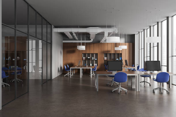 istock Grey office interior with workplace and conference room, panoramic window 1804572090