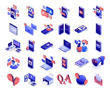 Vector Illustration of Communication Isometric Icon Set and Three Dimensional Banner Design. Broadcasting, Social Media, Connection, Talk, Chat, Dialog, Discussion, Mail, Network, Messaging, Speech Bubble, Isometric.