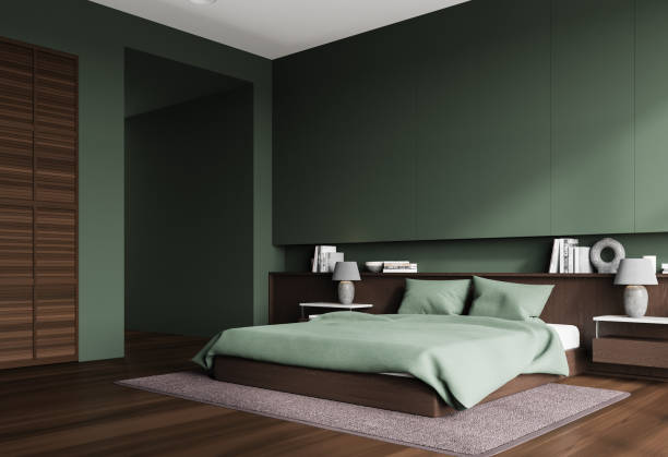 istock Green bedroom corner with bed and wardrobe 1804574776