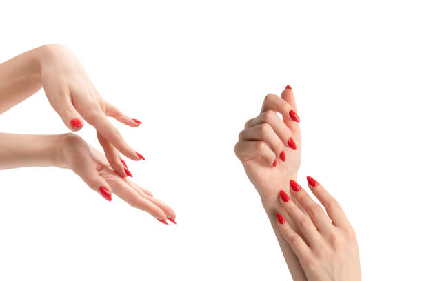 istock Woman hands with red nails isolated on a white background. 1804575879