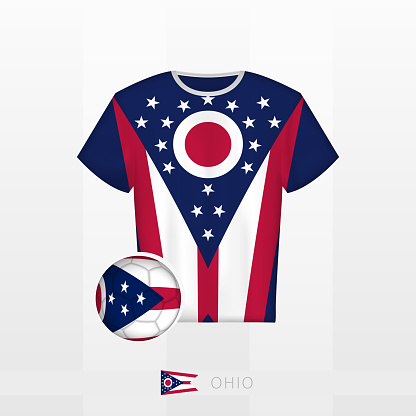 Football uniform of national team of Ohio with football ball with flag of Ohio. Soccer jersey and soccerball with flag. Vector template.