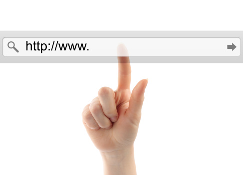 Hand pushing virtual search bar on white background, internet concept