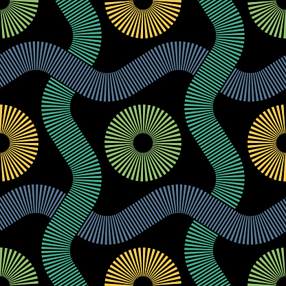 Decorative composition of wavy lines and intersecting dashed circles on a black background. Retro style geometric design. Stylish graphic texture. Seamless repeating pattern. Vector illustration.