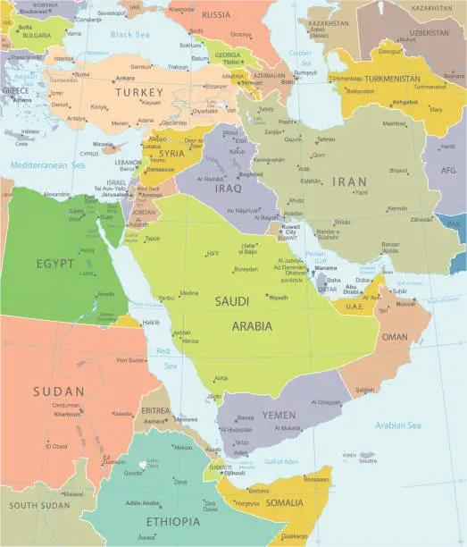 Vector illustration of Political map of Middle East. Vector