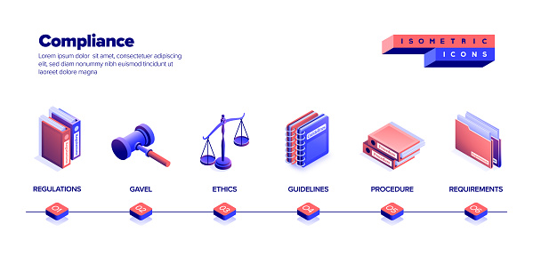 Vector Illustration of Compliance Isometric Icon Set and Three Dimensional Banner Design. Government, Honesty, Regulations, Requirements, Responsibilities, Guidance, Gavel, Law, Rules, Isometric.