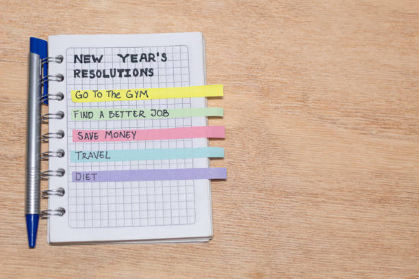 istock New Year's Resolutions in Colored Papers on a notebook on a Wooden background. Change Manifesto. Copy space. 1804583608