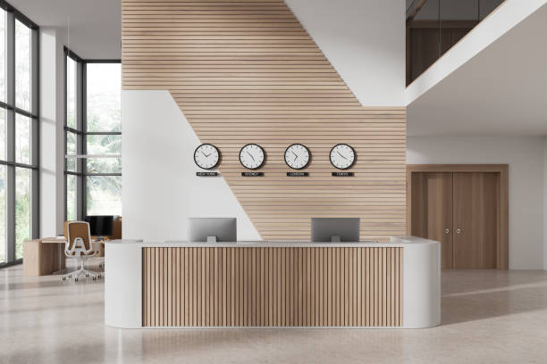 istock Cozy office interior with reception desk and coworking zone, panoramic window 1804590764