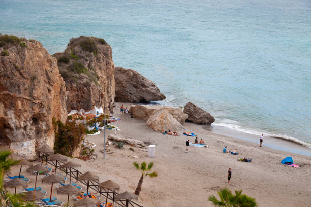 Elevated view of the Playa de la Calahonda, a beach on the Mediterranean Sea in Nerja, Costa Del Sol, Andalucía,