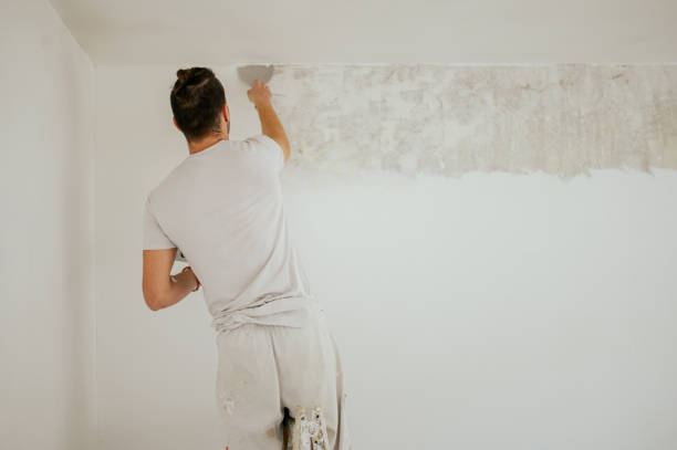 istock Rear view of a builder skim coating walls with plaster. 1804601856