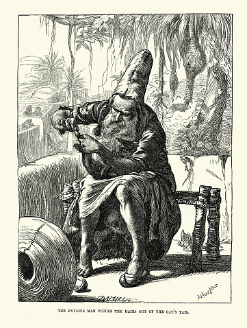 Vintage illustration One Thousand and One Nights, the Envious Man plucks the hairs out of the cat's tail, Arabian, Middle Eastern folktales, by The Brothers Dalziel.  The Story of the Envious Man and of Him Who Was Envied