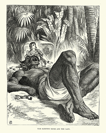 Vintage illustration One Thousand and One Nights, The sleeping genie and the lady, Middle Eastern folktales, by The Brothers Dalziel