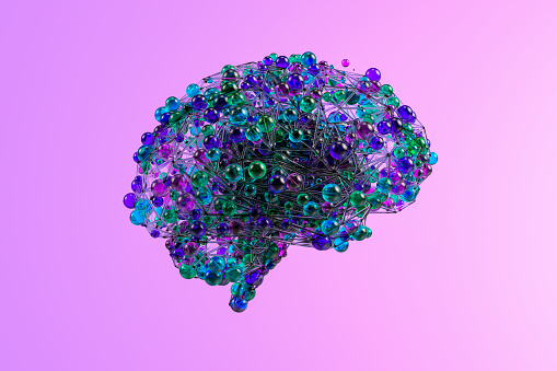 Brain with spheres, artificial intelligence, mental health concept. Digitally generated image.