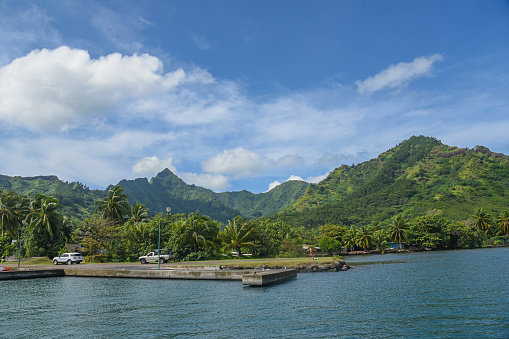 Green landscape view and coastline on the island of Moorea near Tahiti in French Polynesia, South Pacific