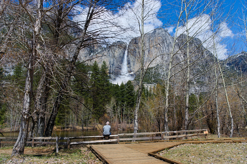 Yosemite, CA, USA, April, 12, 2023: Tourist visit Yosemite Valley.