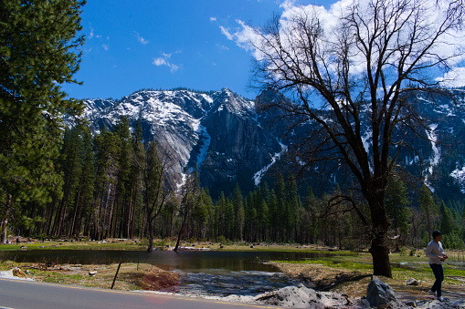 Yosemite, CA, USA, April, 12, 2023: Tourist visit Yosemite Valley.