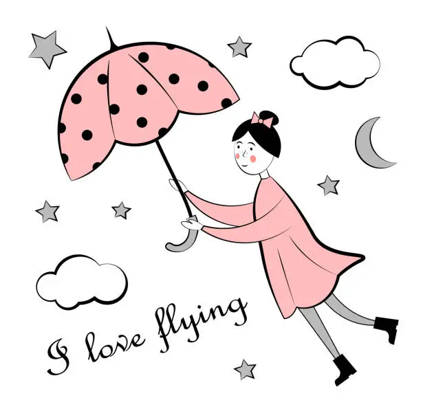 Vector illustration of Girl flying on an umbrella