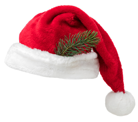Santa Hat with a small fir tree branch isolated on a white background.