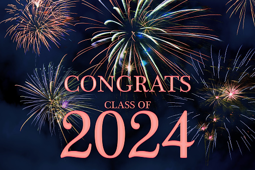 CONGRATS CLASS of 2024 lettering with beautiful fireworks on a night blue sky background. Can be used as a template for high school or college university graduate party, graduate invitations, card or banner.
