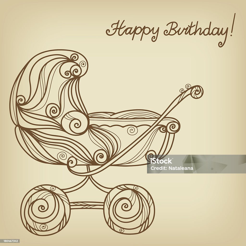 Carta d'epoca di buon compleanno con Passeggino - arte vettoriale royalty-free di Compleanno