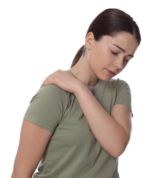 istock Woman suffering from pain in shoulder on white background. Arthritis symptom 1804678069